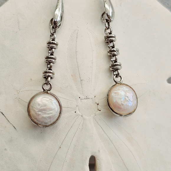 Sterling 925 ITALY Rolo Link Freshwater Pearl Drop Earrings - Picture 11 of 16